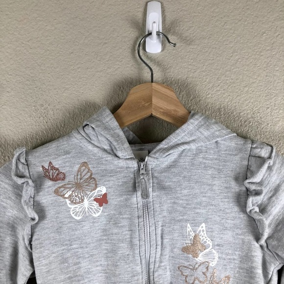 June Bug Hoodie Sweater Gray White Gold Butterfly Graphic Ruffled Zip Up Size 5 - Picture 3 of 12